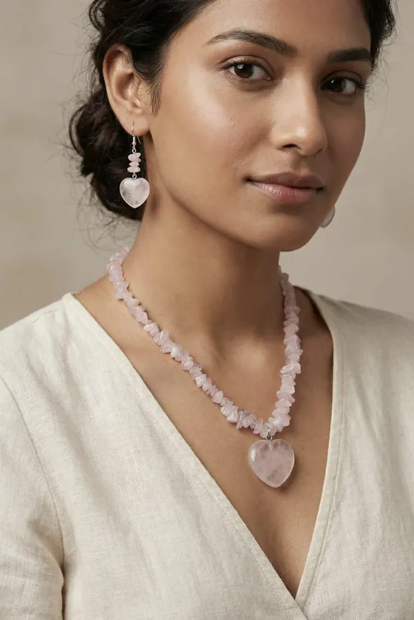 Pink_Rose_Quartz_Semi-Precious_Stone_Heart_Pendant_Necklace_Set_For_Women