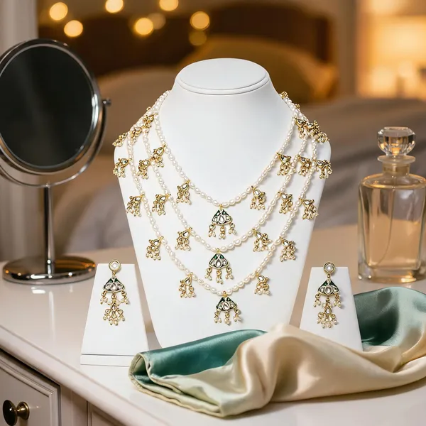 White_Green_Pearl_Kundan_Triple_Strand_Necklace_Set_For_Women