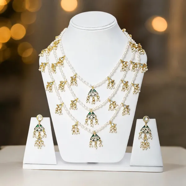 White_Green_Pearl_Kundan_Triple_Strand_Necklace_Set_For_Women