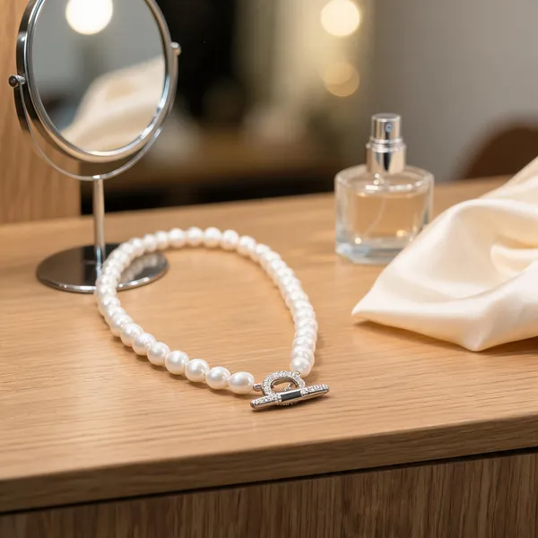 White_Real_Pearl_Zirconia_Lock_Pendant_Choker_Necklace_For_Women