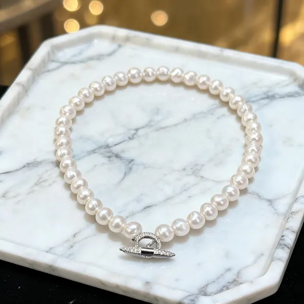 White_Real_Pearl_Zirconia_Lock_Pendant_Choker_Necklace_For_Women