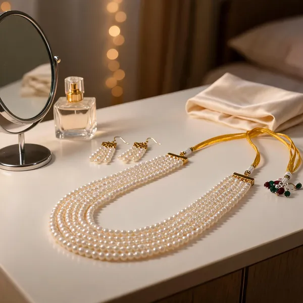 White_Pearl_Five_Layer_Necklace_Set_With_Earrings_For_Women