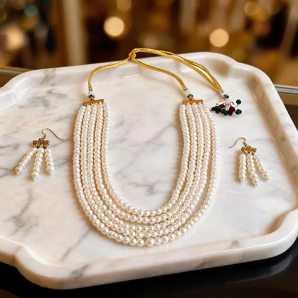 White_Pearl_Five_Layer_Necklace_Set_With_Earrings_For_Women