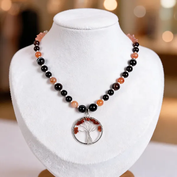 Orange_And_Black_Semi-Precious_Stone_Tree_Of_Life_Pendant_For_Women