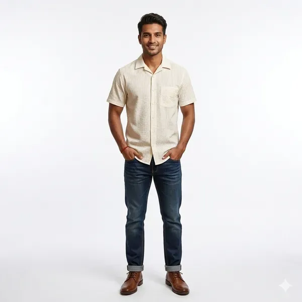 Cream_Textured_Short_Sleeve_Casual_Shirt_With_Pocket_For_Men