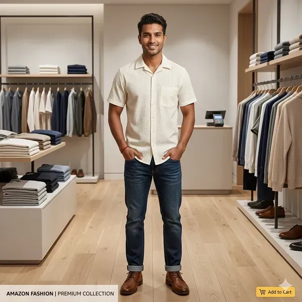 Cream_Textured_Short_Sleeve_Casual_Shirt_With_Pocket_For_Men
