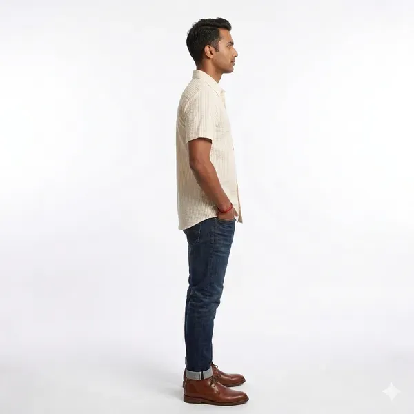 Cream_Textured_Short_Sleeve_Casual_Shirt_With_Pocket_For_Men