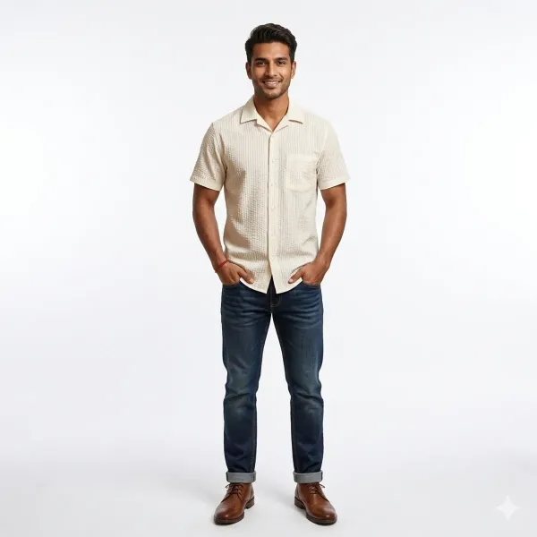Cream_Textured_Short_Sleeve_Casual_Shirt_With_Pocket_For_Men