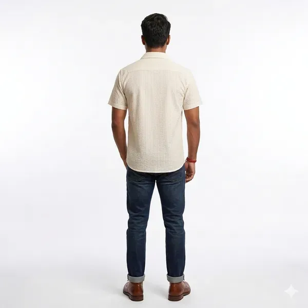 Cream_Textured_Short_Sleeve_Casual_Shirt_With_Pocket_For_Men