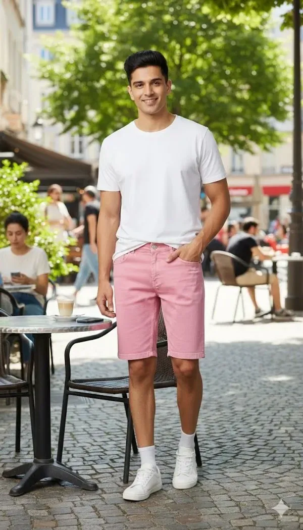 Pink_Solid_Denim_Casual_Shorts_For_Men