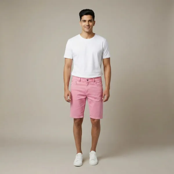 Pink_Solid_Denim_Casual_Shorts_For_Men