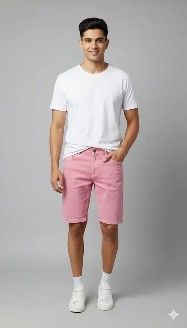 Pink_Solid_Denim_Casual_Shorts_For_Men