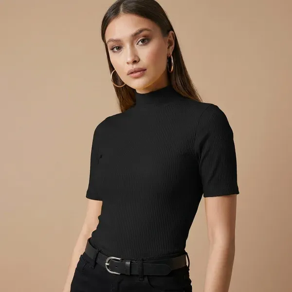 Black_Casual_Half_Sleeve_Solid_Top_For_Women