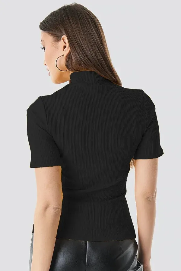Black_Casual_Half_Sleeve_Solid_Top_For_Women
