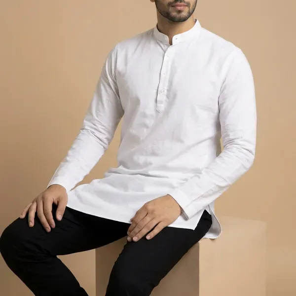 White_Solid_A_Line_Kurta_For_Men
