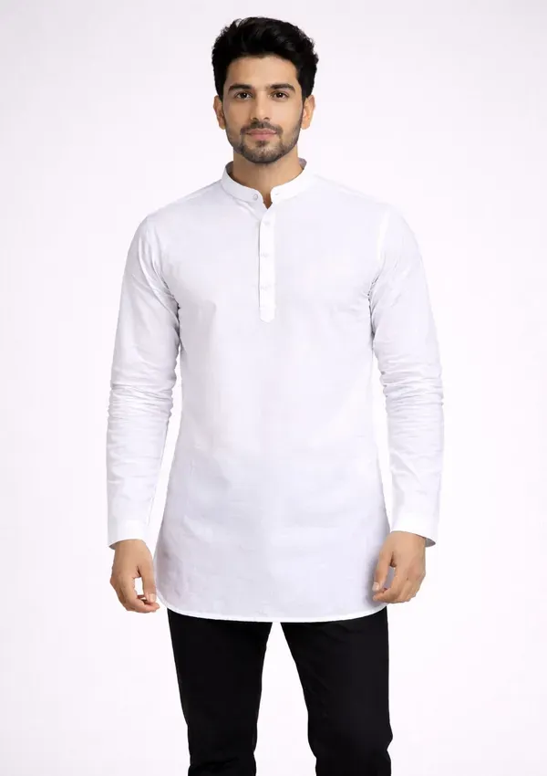 White_Solid_A_Line_Kurta_For_Men