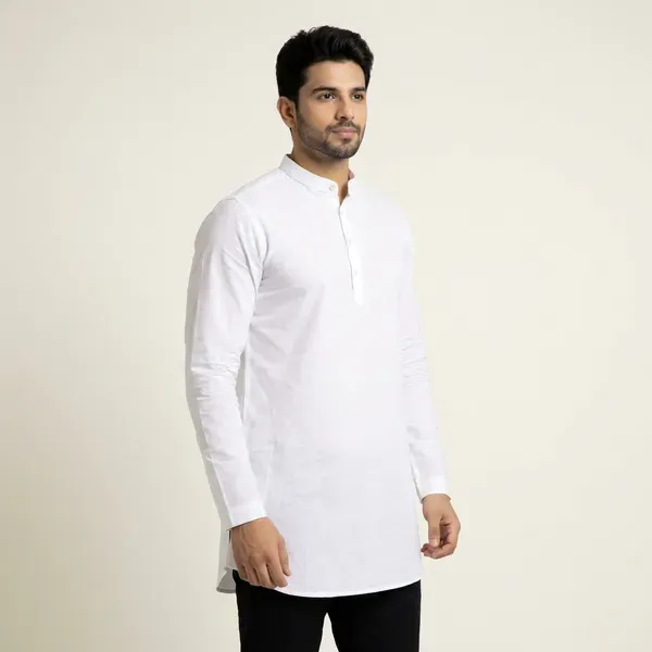 White_Solid_A_Line_Kurta_For_Men