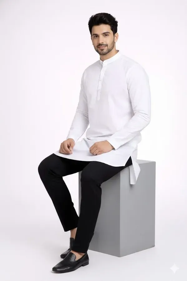 White_Solid_A_Line_Kurta_For_Men