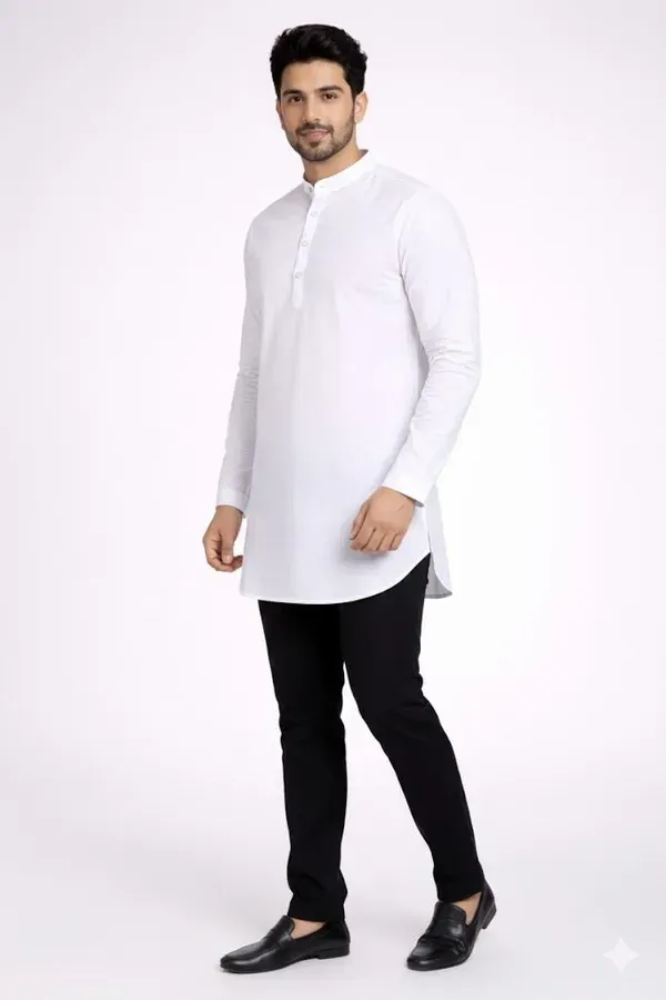 White_Solid_A_Line_Kurta_For_Men