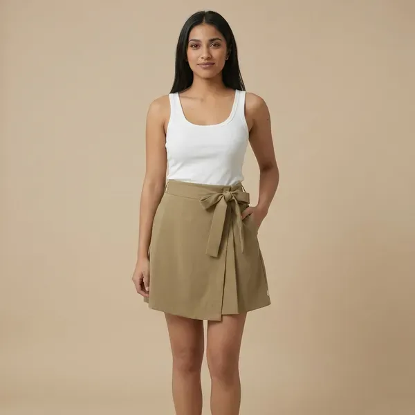Khaki_Solid_Wrap_Around_Skirt_For_Women