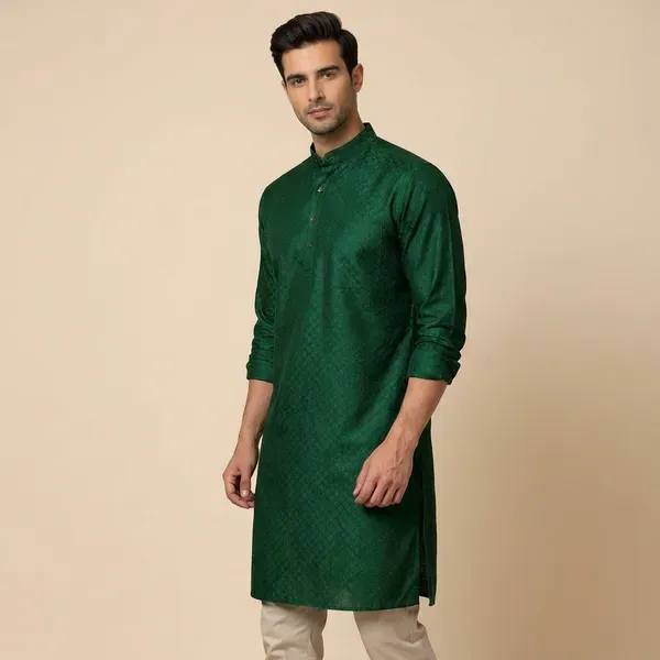 Green_Self_Design_Woven_Straight_Kurta_For_Men