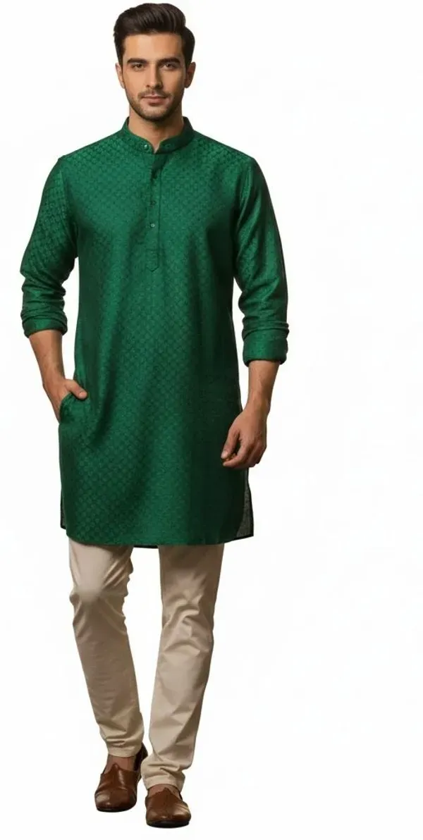 Green_Self_Design_Woven_Straight_Kurta_For_Men