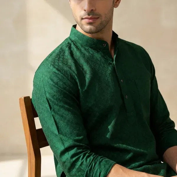 Green_Self_Design_Woven_Straight_Kurta_For_Men