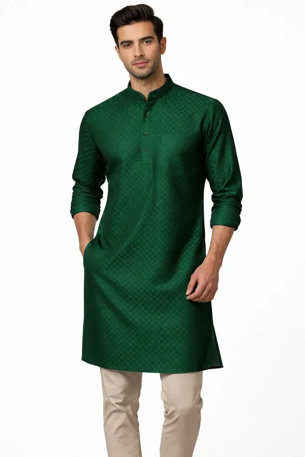 Green_Self_Design_Woven_Straight_Kurta_For_Men