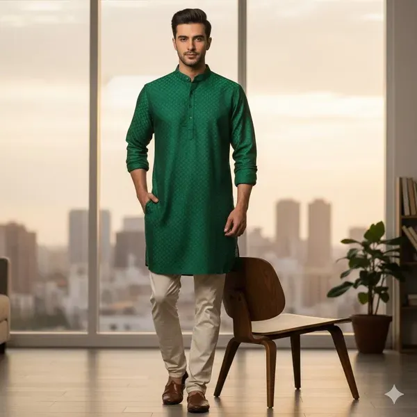 Green_Self_Design_Woven_Straight_Kurta_For_Men