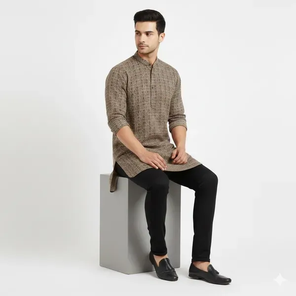 Beige_Solid_A_Line_Kurta_For_Men