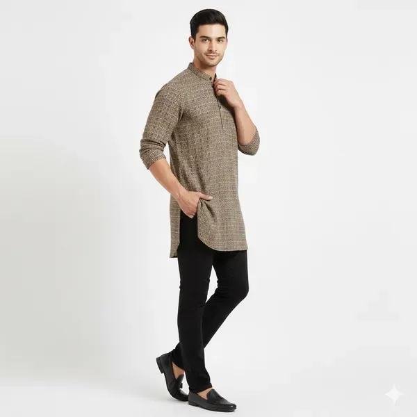 Beige_Solid_A_Line_Kurta_For_Men