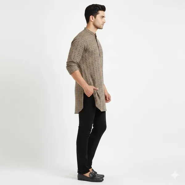 Beige_Solid_A_Line_Kurta_For_Men