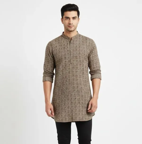 Beige_Solid_A_Line_Kurta_For_Men