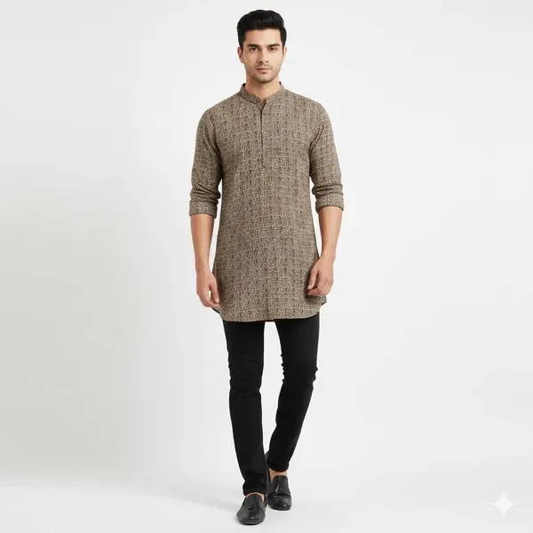 Beige_Solid_A_Line_Kurta_For_Men