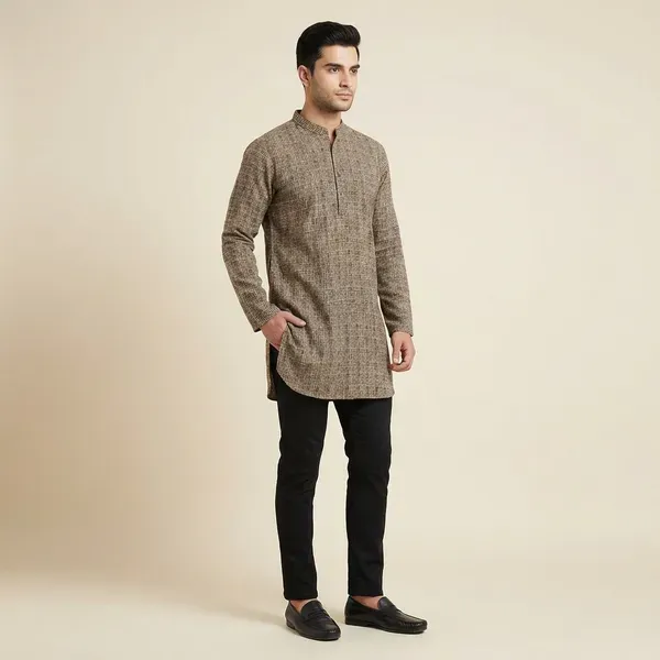 Beige_Solid_A_Line_Kurta_For_Men