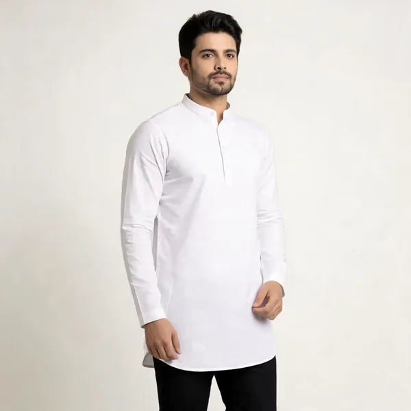 White_Solid_A_Line_Kurta_For_Men