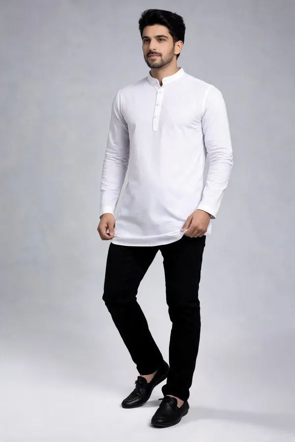 White_Solid_A_Line_Kurta_For_Men