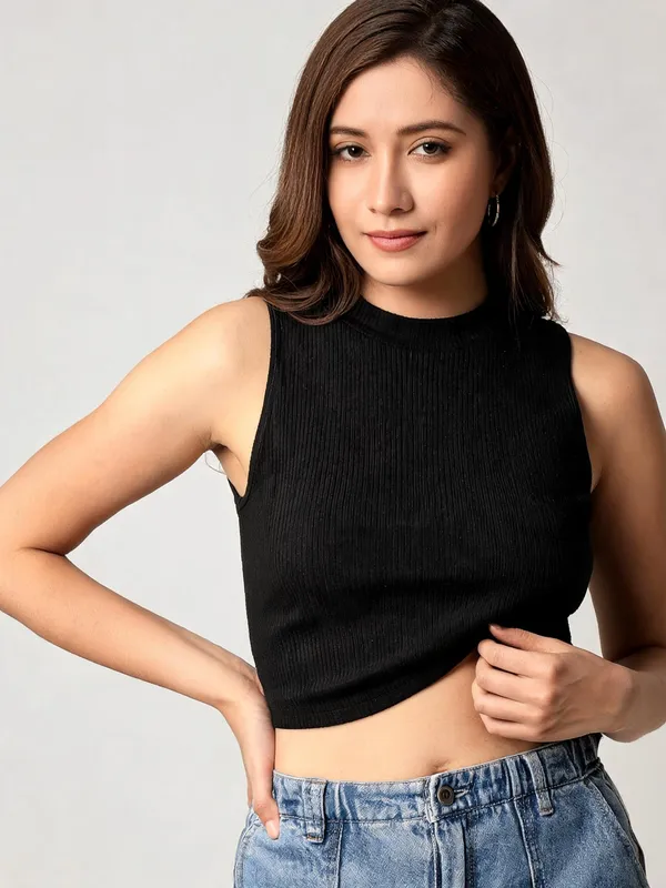 Black_Casual_Solid_Top_For_Women