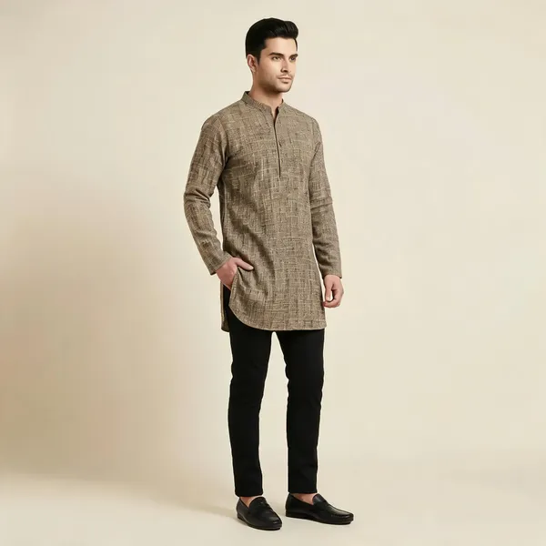 Beige_Solid_A_Line_Kurta_For_Men