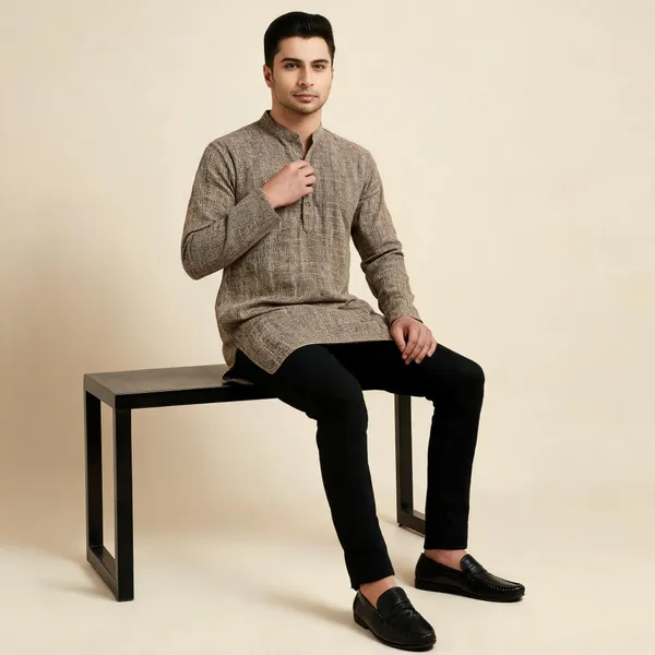 Beige_Solid_A_Line_Kurta_For_Men
