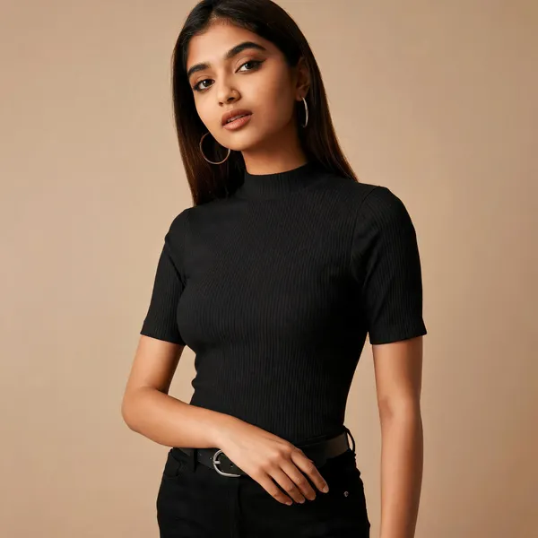 Black_Casual_Half_Sleeve_Solid_Top_For_Women