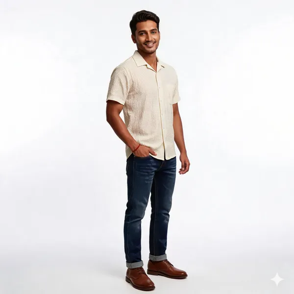 Cream_Textured_Short_Sleeve_Casual_Shirt_With_Pocket_For_Men