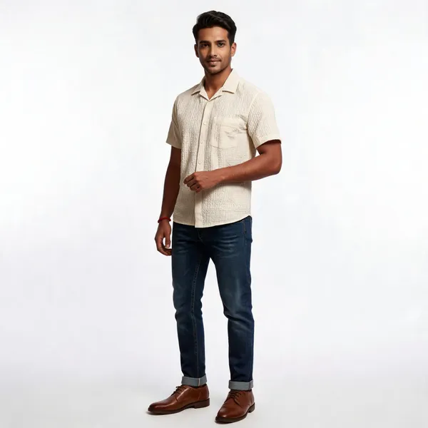 Cream_Textured_Short_Sleeve_Casual_Shirt_With_Pocket_For_Men