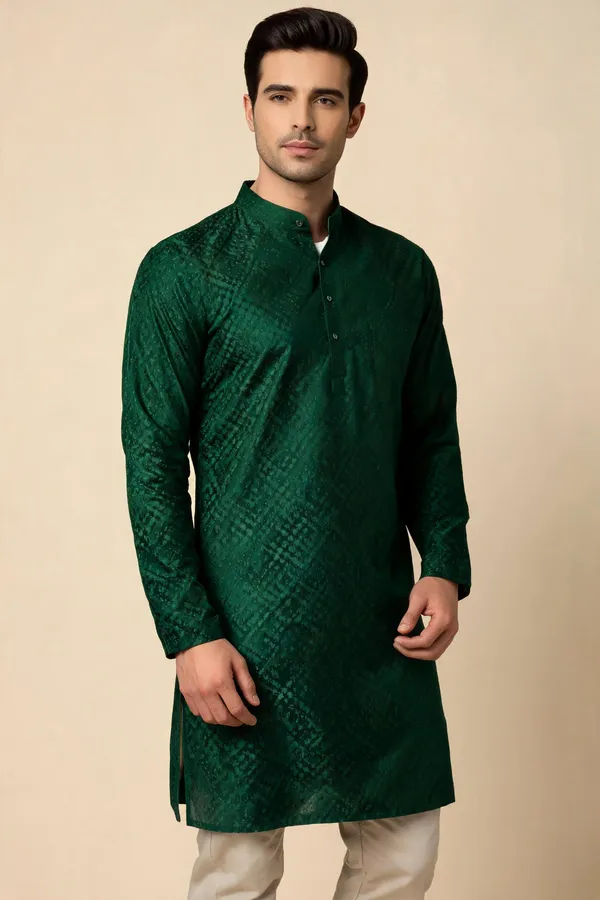 Green_Self_Design_Woven_Straight_Kurta_For_Men