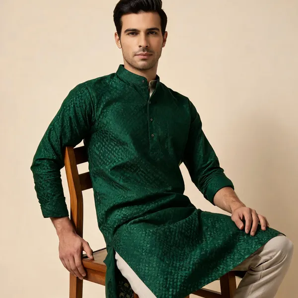 Green_Self_Design_Woven_Straight_Kurta_For_Men
