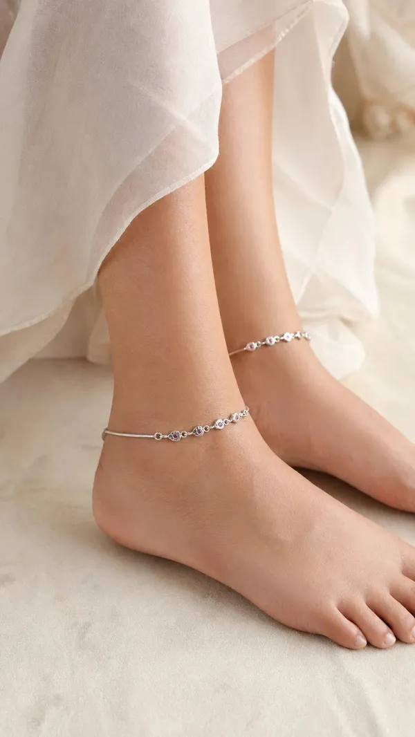 Moonlit_Whispers_Sterling_Silver_Anklet_With_Dainty_Ruby_Toned_Charms_Single