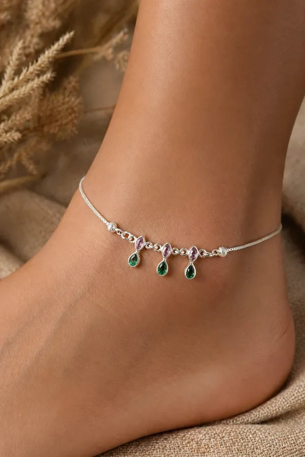 Celestial_Duet_Silver_Anklet_With_Pink_And_Emerald_Teardrop_Charms_Single