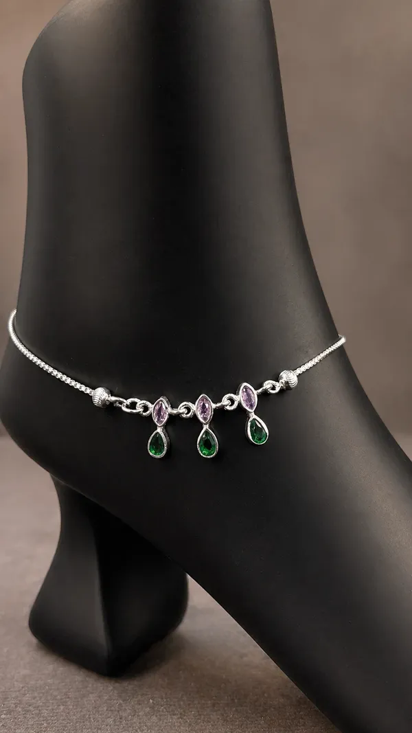 Celestial_Duet_Silver_Anklet_With_Pink_And_Emerald_Teardrop_Charms_Pair