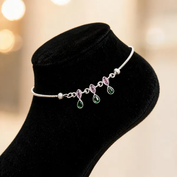 Celestial_Duet_Silver_Anklet_With_Pink_And_Emerald_Teardrop_Charms_Pair