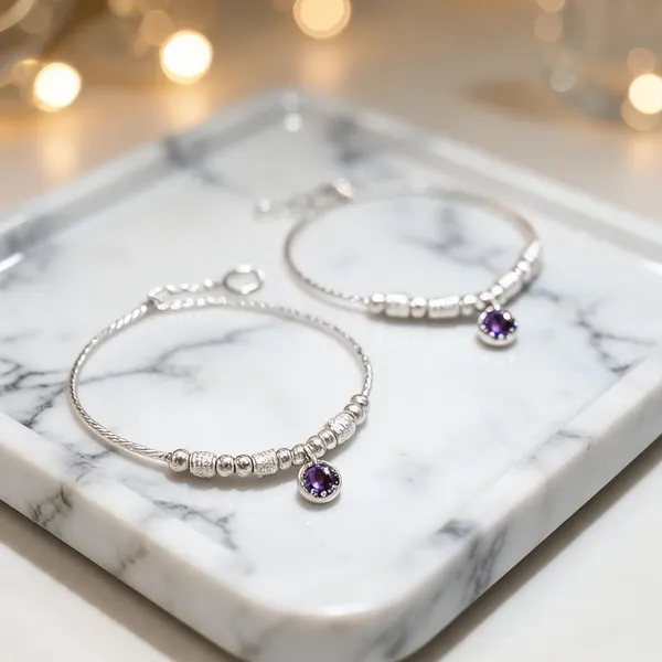 Celestial_Glow_Beaded_Silver_Pair_Of_Anklet_With_Radiant_Ruby_Crystal_Charm_Single